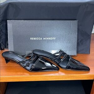 Rebecca Minkoff Glossy Black Mules with Strap Detail